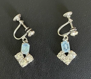 1950s Screw-Back Earrings w/ Blue Baguette & Clear Rhinestones, Silver-Tone - Picture 1 of 3
