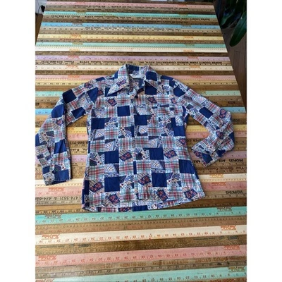 VINTAGE Kmart Kids Girls 12 Patchwork Floral Button Shirt Butterfly Collar Disco - Image 1 of 4