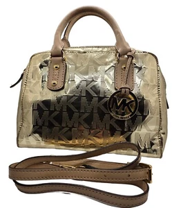 MICHAEL KORS Mia Satchel Crossbody Gold Mirror Metallic  Monogram MK Logo Purse - Picture 1 of 12