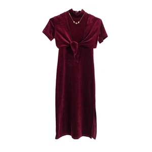 Vintage 90s Rose Cottage Burgundy Velvet Velour Dress Attached Necklace 10 - Picture 1 of 7