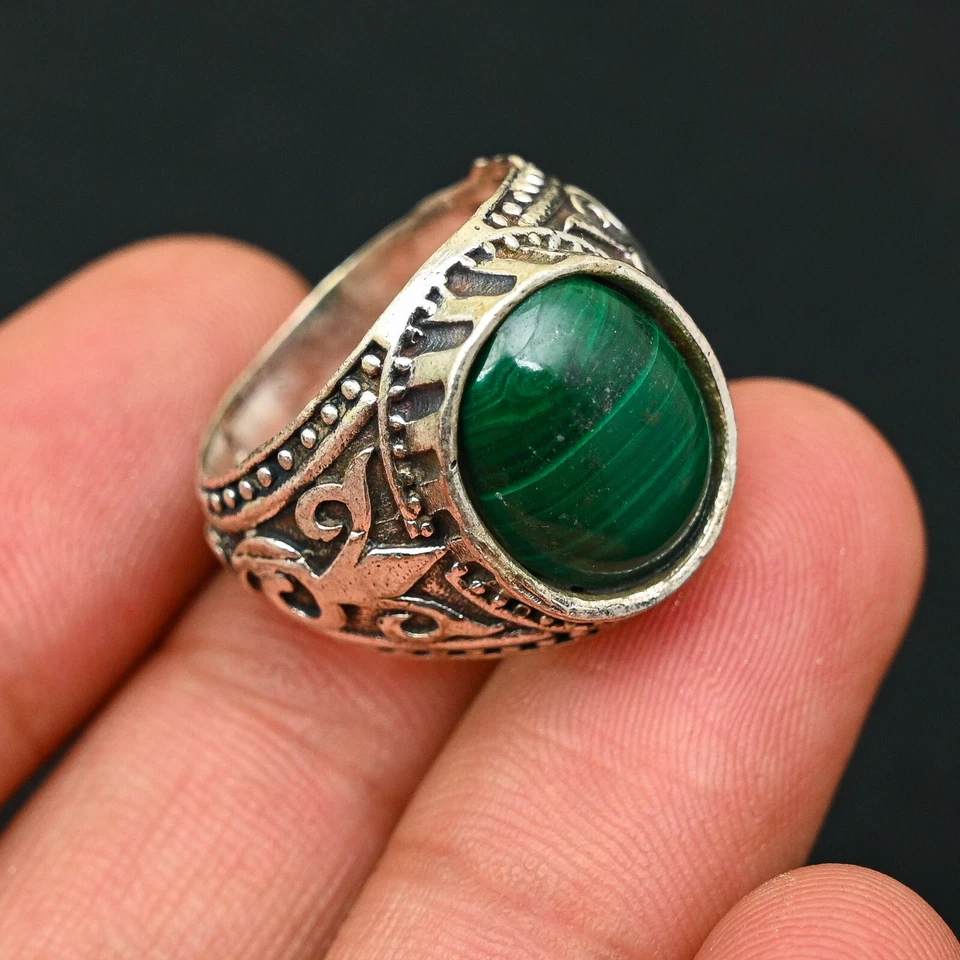 Malachite Men's Ring 925 Sterling Silver Handmade-Statement Ring All Size-BJ187 - Image 1 of 3