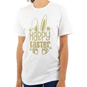 Spring Happy Easter Bunny Ears Paw Print Womens Graphic Crewneck T Shirt Tee - Picture 1 of 7