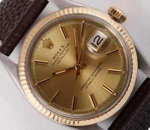 Vintage Rolex Datejust 1601-Champagne Dial-18k Fluted Bezel-Brown Leather Strap - Picture 1 of 5
