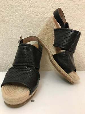 GUC Biala Women Perforated Black Leather Espadrille Platform Wedge Sandals 37 - Image 1 of 4