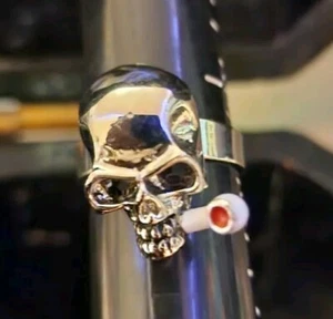 Pirate Skull 8.5 Ring Silver Tone Onyx Eyes Smoking Metalhead Grunge Goth Biker - Picture 1 of 5