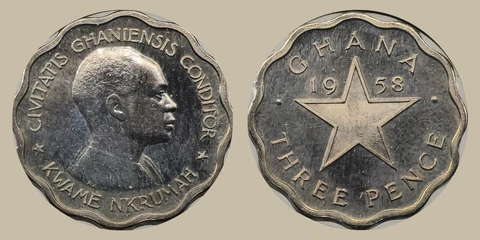 1958 Ghana Three Pence Proof Coin, Kwame Nkrumah, Star Outline Cover