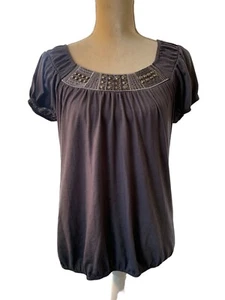 Embroidered Top L Olive Green Short Sl Metal Studs VTG by Perception Concept - Picture 1 of 5