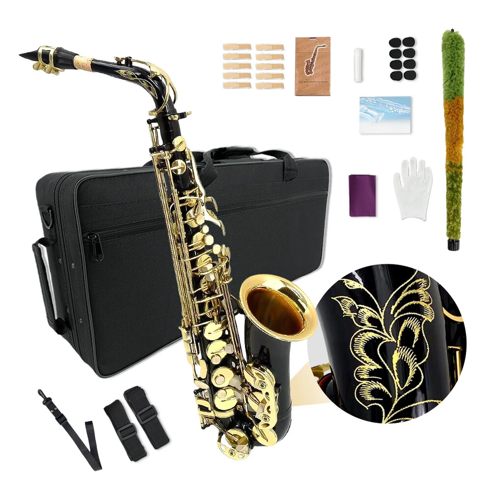 YINFENTE Black Alto Saxophone Eb Flat Sax Brass Instrument with Case & Accessories