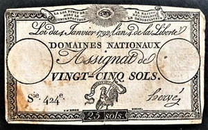 FRANCE REVOLUTION 25 SOLS ASSIGNAT MAY HAVE BEEN USED IN AMERICA GREAT RADAR 424 - Bild 1 von 2