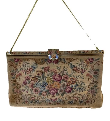 "Antiguo bolso de mano micro pequeño punto de aguja con detalles de broche de esmalte 8 3/8""" Foto 1 de 4