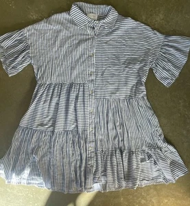 Iris Maxi Dress 14 Striped Button Up Dress Pockets Frills Blue & White - Picture 1 of 8