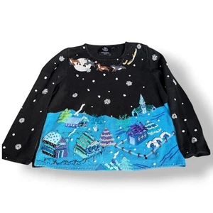 Suéter Vintage Michael Simon Event XL Holiday Village Negro Azul Apliques de Cuentas - Imagen 1 de 13