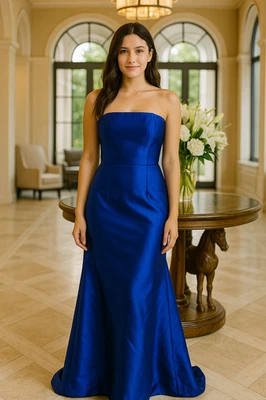 Alfred Sung Para Mujer Talla 10 Azul Cobalto Sin Tirantes Satén Sarga Columna Vestido Tren Foto 1 de 4