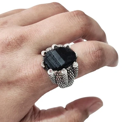 NATURAL RAW BLACK TOURMALINE OCTOBER BIRTH 925 STERLING SILVER HEAVY MENS RING - Image 1 of 4