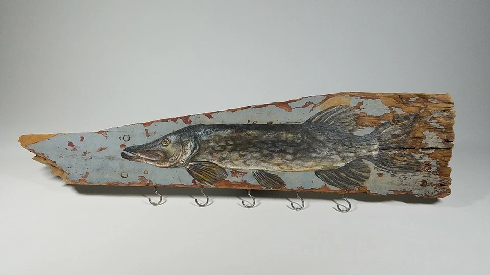 ARTE POPULAR RÚSTICO PINTADO PECES LLAVE Y JOYERÍA COLGANTE ESTANTE 23" único en su clase Foto 1 de 4