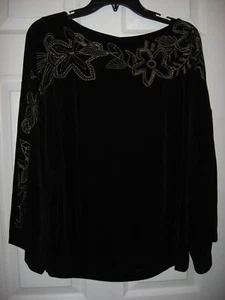 Chicos Travelers,Black Acetate Spandex Knit,Beige Embroidery,3/4 slv,2,L - Picture 1 of 8