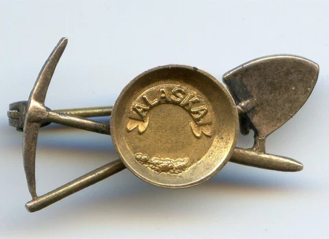 Small Genuine Gold Mining Pin / Gold pan, Nuggets, Pick and Shovel 10K Cover