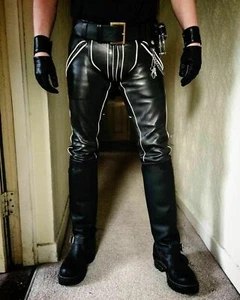 MEN'S COWHIDE LEATHER JEANS DOUBLE ZIP WHITE STRIPES PANTS TROUSERS - Picture 1 of 3