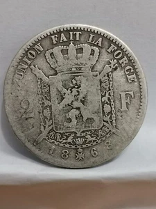 2 FRANCS ARGENT 1868 LEOPOLD II TYPE WIENER BELGIQUE / BELGIUM SILVER - Picture 1 of 3