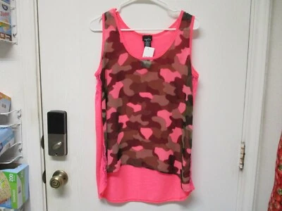 Camiseta sin mangas Rue 21 XL Juniors rosa neón camuflaje frente transparente alta baja  Foto 1 de 3