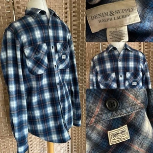 RALPH LAUREN Denim & Supply 52% WOOL Blue White Check FLANNEL Shirt S 38” 40” - Picture 1 of 14