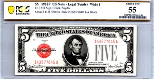 $5 1928F Legal Tender "WIDE 1" PCGS 55 ABOUT UNC Fr. 1531 - Picture 1 of 3