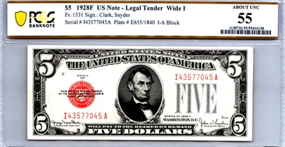 $5 1928F Legal Tender "WIDE 1" PCGS 55 ABOUT UNC Fr. 1531 - Image 1 of 3