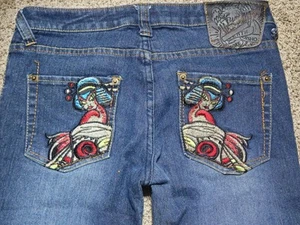29x31 Ed Hardy Women's Blue Skinny Jeans Size 25/26 Geisha Girl Japanese Women - Picture 1 of 7