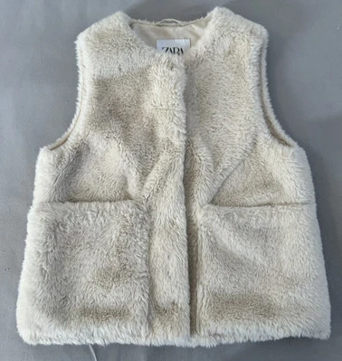 ZARA Kids Girls Faux fur sleeveless crewneck vest cream Sz 6-7 - Image 1 of 4