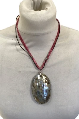 MOTHER OF PEARL Necklace, Pendant, Leather Cord 12” Long Total - Image 1 of 4