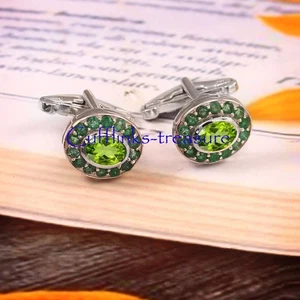 Natural Peridot & Emerald Gemstones 925 Sterling Silver Cufflinks For Men's #22 - Picture 1 of 8