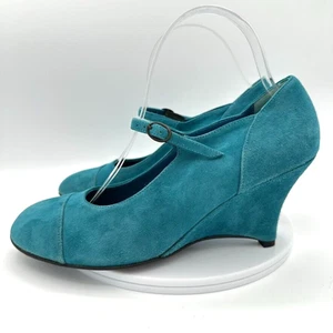 ESPACE Robert Clergerie Wedge Mary Janes Heels Womens 8.5 Teal Suede Retro Glam - Picture 1 of 9
