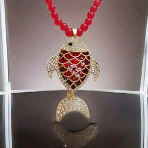 Perlen Kette Überwurf Glas Anhänger Roter Strass "Fisch" Modeschmuck - Bild 1 von 4