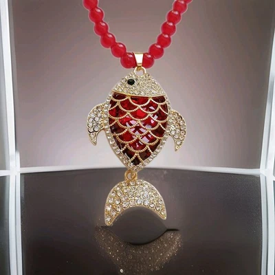 Perlen Kette Überwurf Glas Anhänger Roter Strass "Fisch" Modeschmuck - Bild 1 von 4