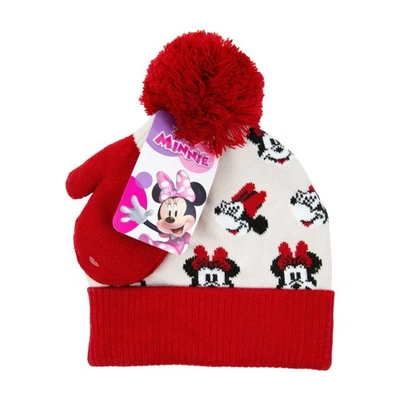 Minnie Mouse Toddler Girl's 2pc Printed Knit Cuffed Pom Beanie and Mittens Set - Image 1 of 4