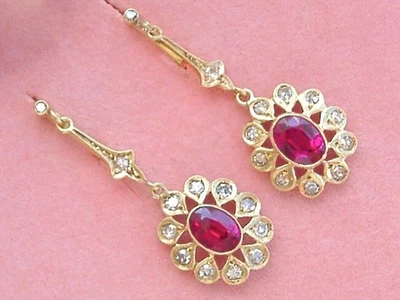 Oval Schliff Labor Erstellt Pink Rubin Umwerfend Ohrhänger Ohrring 14k Gelbgold - Bild 1 von 4