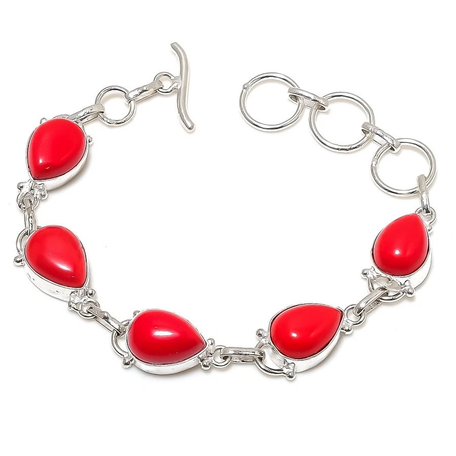 Brazalete Joyería Plata de Ley 925 Hecho a Mano Piedras Preciosas Coral Rojo Talla 7-8 Foto 1 de 1