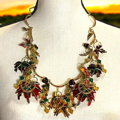 Collar De Colección Lunch At The Ritz Plato Dorado Esmalte Arce Roble Bellotas Estrás 22" Foto 1 de 4