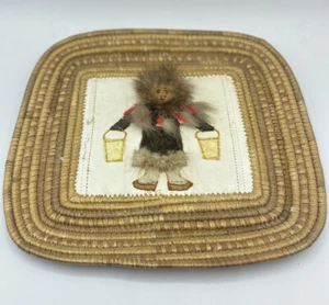 Alaska Native American Inuit Eskimo 9x10” Grass Leather Fur "Tray" Wall Hanging - Picture 1 of 12