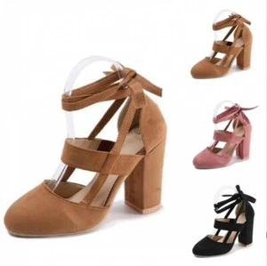 New Casual Womens Block High Heels lace Up Sandals Shoes Round Toe Pumps US Size - Picture 1 of 17