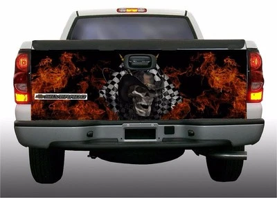 Flame fire checkered racing flag skull truck tailgate vinyl graphic decal wraps - Image 1 of 2