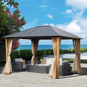 Aoodor 12x10ft. Wood Grain Aluminum Hardtop Gazebo With Curtain & Netting - Picture 1 of 6