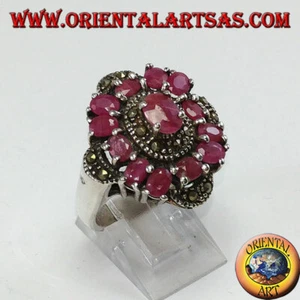 Anillo de Plata 925‰ Con 13 Rubíes Óvalos Incrustaciones Y Adornado De Marcasita - Imagen 1 de 3