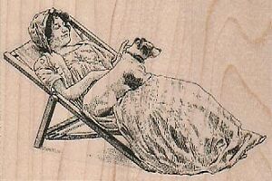 Timbre en caoutchouc Lady with Dog 3 1/2 x 2 1/4", timbre femme relaxante
