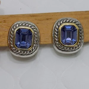 JC John Candice Two Tone Gold Silver Blue Earrings Clip On Signed Vintage Large - Picture 1 of 10