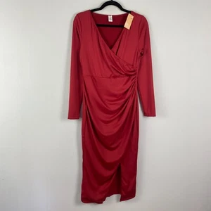 Popilush Shapewear Ruched Long Sleeve Faux Wrap Slimming Midi Dress Large Red - Picture 1 of 9
