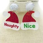 Naughty or Nice Pom Pom Santa Hat Acrylic Glitter Earrings - Christmas (1.6x2in)