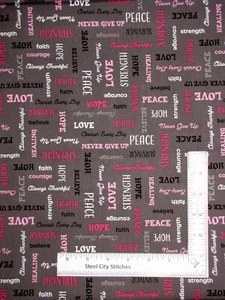 Cancer Awareness Strength Love Word Gray Fabric Patches Hope Cotton Windham Yard - Picture 1 of 1