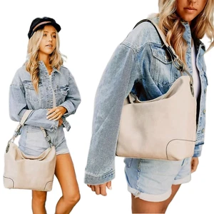 ALYSSA Beige Hobo Shoulder Bag with Big Silvertone Snap Hook Hardware - Picture 1 of 8