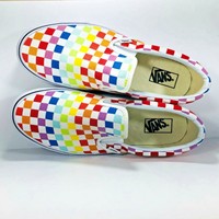 vans rainbow checkered slip ons